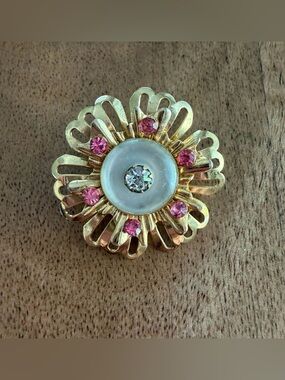 Vintage signed Coro gold rhinestone pink flower Brooch